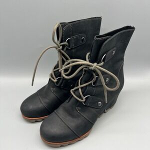Sorel Joan of Arctic Wedge II Black Nubuck Leather Lace Up Ankle Boots Womens